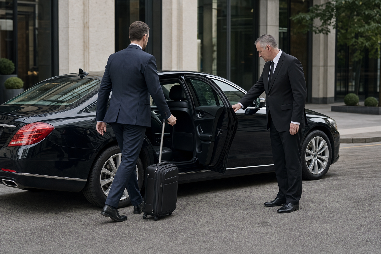 A professional chauffeur welcoming a business traveller to an executive car