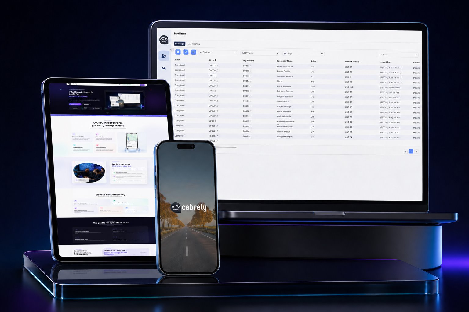 Cabrely dispatch dashboard, website, and mobile app in an enhanced device mockup
