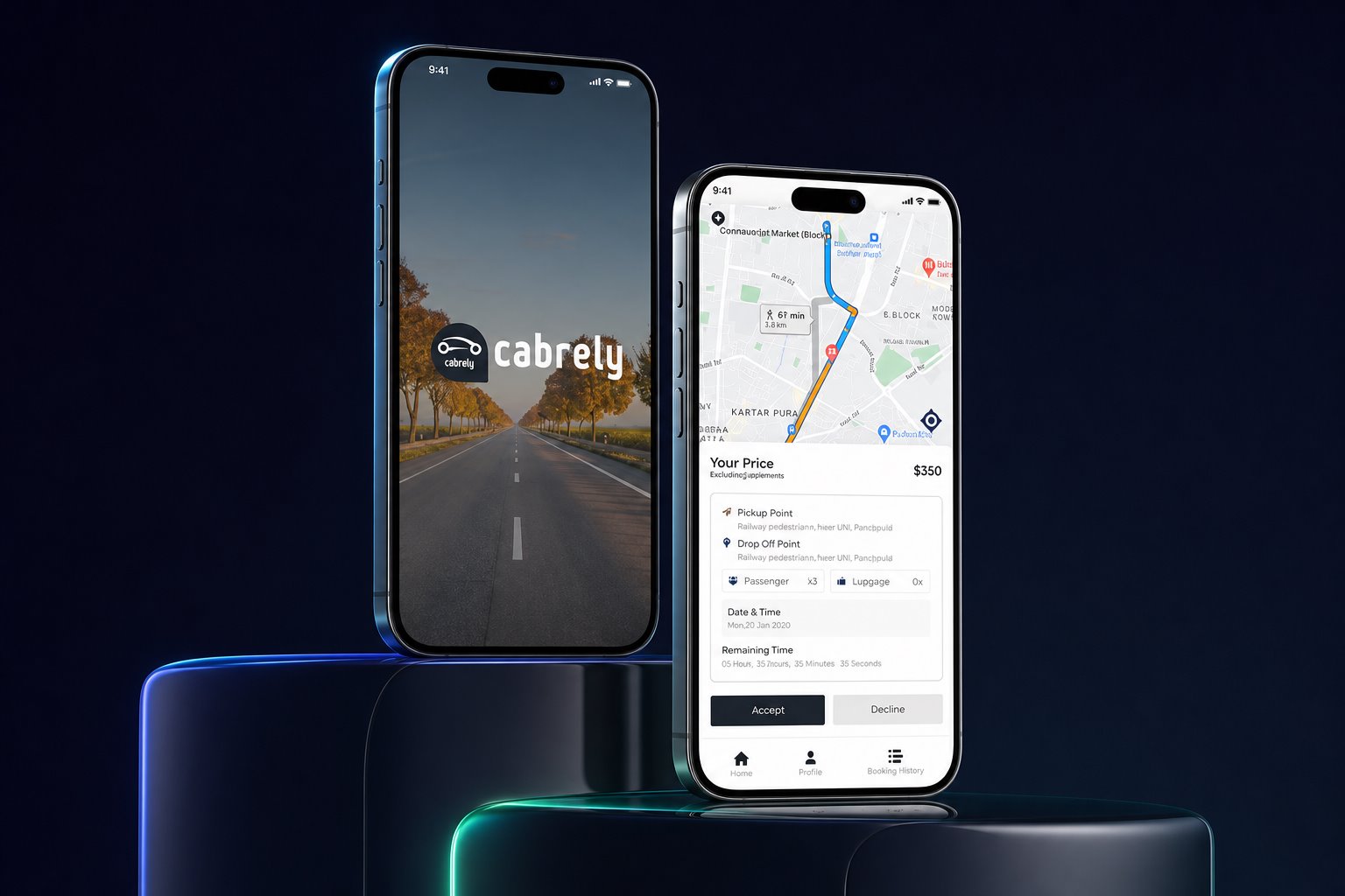 Dark Cabrely Driver App mockup preserving the original splash and booking screens