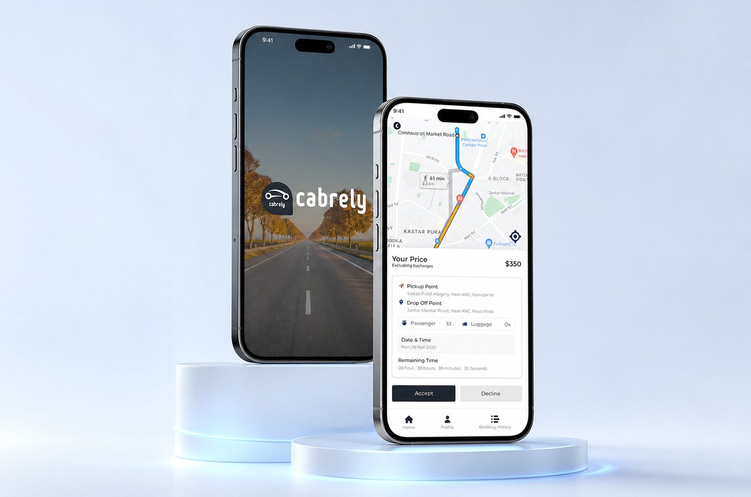 Light Cabrely Driver App mockup preserving the original splash and booking screens