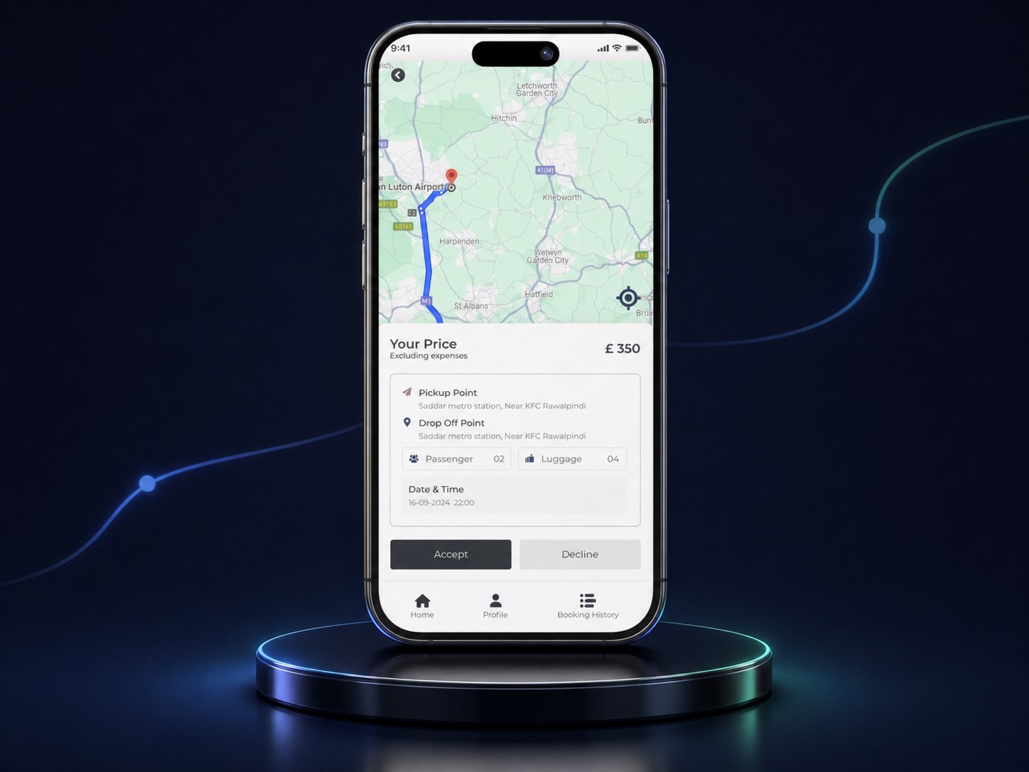 Cabrely passenger app in a premium dark charging-dock mockup