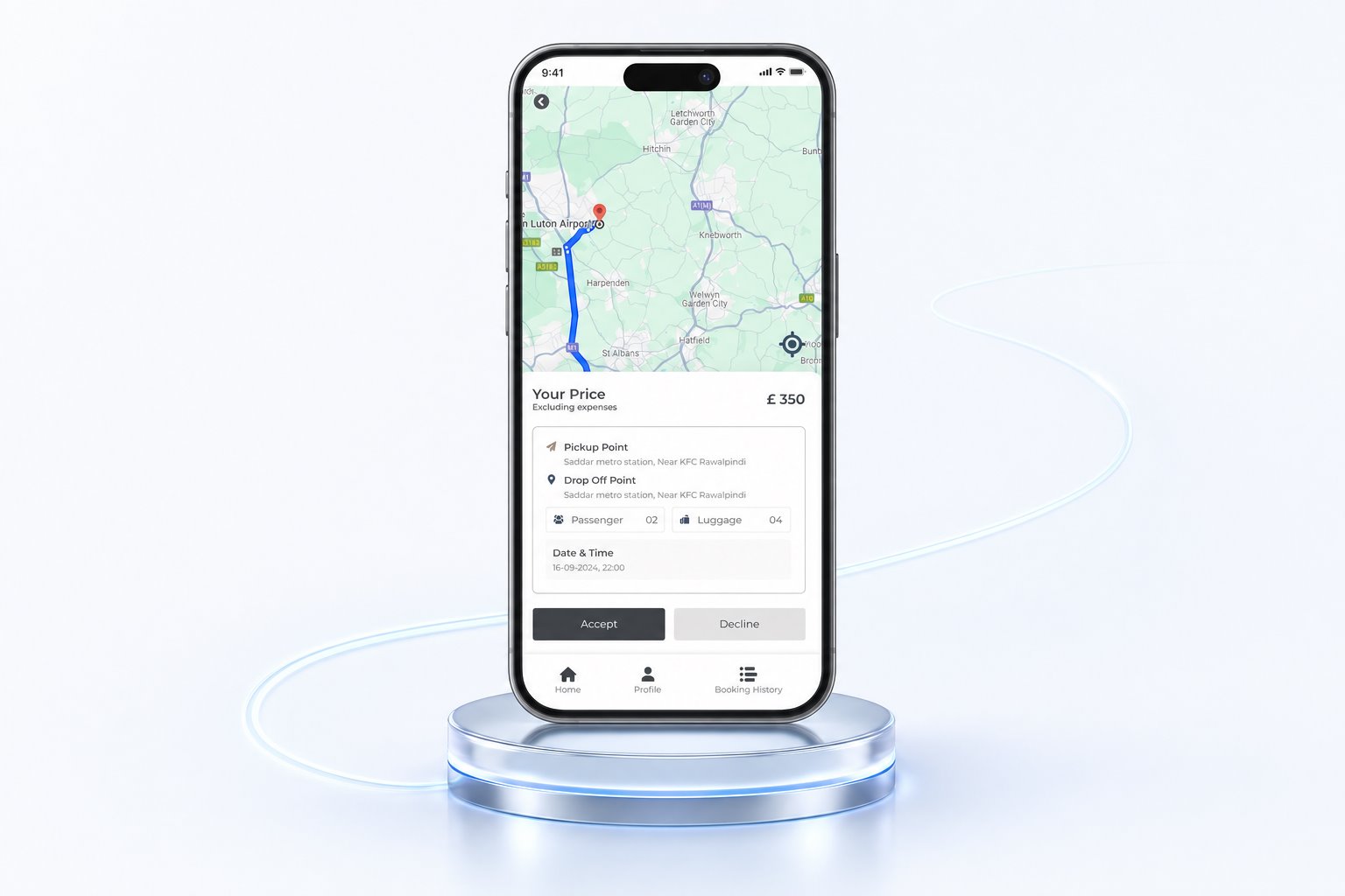 Cabrely passenger app in a premium light charging-dock mockup
