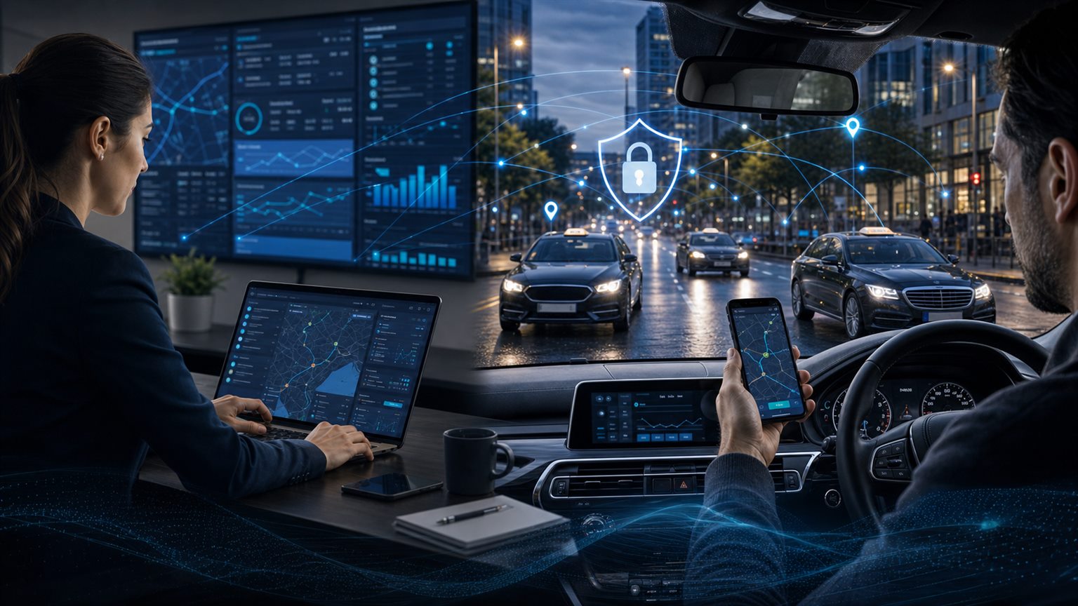 Cabrely dispatcher and private-hire driver coordinating a connected fleet of cars